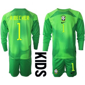 Brasilien Alisson Becker #1 Målvakt Bortatröja Barn VM 2022 Långärmad (+ korta byxor)